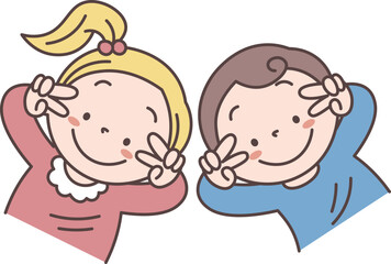 ピースをしている日本人小学生の男の子と女の子のイラスト素材