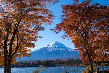紅葉の河口湖と冠雪した富士山
