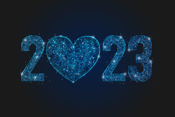 Abstract isolated blue image of new year number 2023. Polygonal low poly wireframe illustration looks like stars in the blask night sky in spase or flying glass shards. Digital web, internet design. - obrazy, fototapety, plakaty