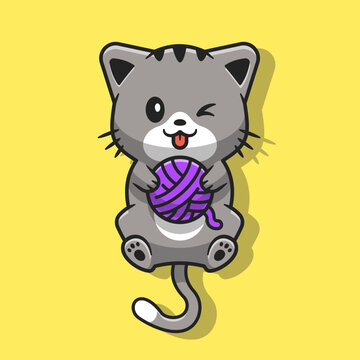 Cute Cat Playing Yarn Ball Cartoon Vector Icon Illustration. 
Animal Nature Icon Concept Isolated Premium Vector. Flat 
Cartoon Style