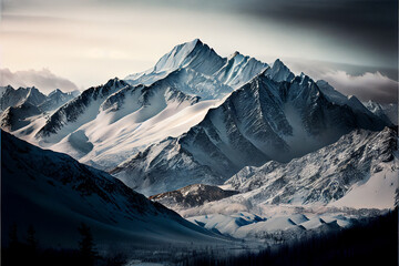 Obraz premium Beautiful winter landscape photography mountain range frozen lake dramatic lighting vista cozy mountainous golden hour cold frost