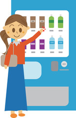 自動販売機で缶コーヒーを購入する女性のイラスト・飲料・ドリンク・全身・休憩