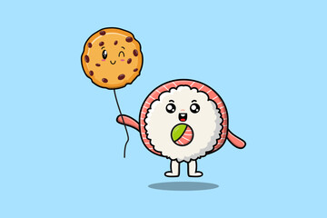 Cute cartoon Rice sushi rolls sashimi floating with biscuits balloon in flat cartoon vector icon 