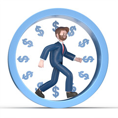3D illustration of smiling bearded american businessman Bob   running on a wheel searching for money. Rat race. 3D rendering on white background.
