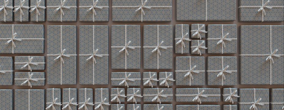 Christmas Presents Precisely arranged in a Grid. Trendy Duck Egg Blue and White Seasonal Background.