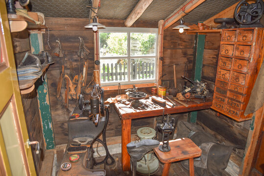Oudeschild, Netherlands. August 2022. A workshop with old-fashioned tools at museum Kaap Skil, Texel.