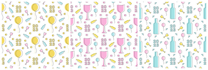 Set of Happy New Year 2023 Seamless Pattern Design with Decoration in Template Hand Drawn Cartoon Flat Illustration