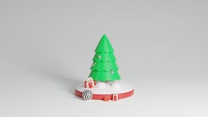 Green Christmas tree with stars and gift boxes lying on snow on white background. Red base. The illustration is used for your Christmas or New Year card design, 3D rendering.