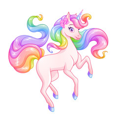 Beautiful pink unicorn with rainbow mane and tail. Vector illustration.