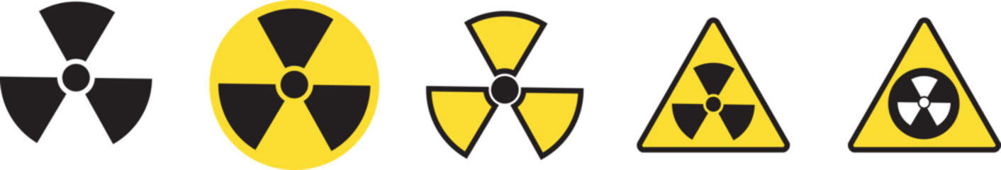 Set of radiation hazard signs. Radiation, round and triangular signs. Radioactive threat alert. Radiation area. - obrazy, fototapety, plakaty