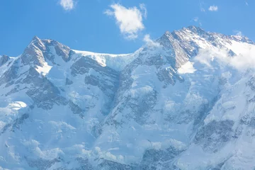 Acrylic prints Nanga Parbat Nanga Parbat mountain peak with glacier and green pine forrest from Fairy Meadow. Gilgit, Pakistan