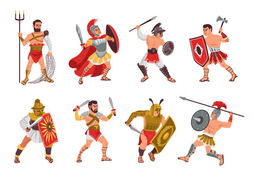 Ancient roman gladiators. People in armor. Warriors with different weapons. Helmets and shields. Historical soldier characters. Fighter poses with spears and axes. Splendid vector set