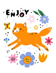 Funny fox card. Nordic kids style animal. Cartoon forest wildlife character. Enjoying cute predator. Orange vixen with wild blossoms. Woodland fauna. Vector childish Scandinavian banner