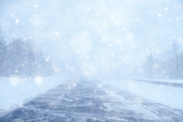 winter highway snowfall background fog poor visibility