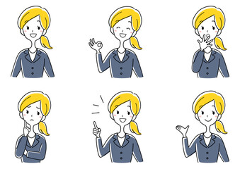 ハンドジェスチャーするスーツの女性イラストセット