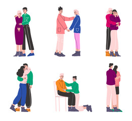 Sympathetic friends comforting. Consoling people. Crying and hugging persons. Emotional support. Care or of depressed characters. Couple relationship. Vector empathic men and women set