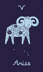 Zodiac sign card. Astrological symbol. Patterned silhouette animal. Aries star constellation. Cute doodle blue ram with floral ornament. Astrology calendar. Vector zodiacal abstract icon