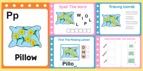 Fototapeta na wymiar worksheets pack for kids with pillow. fun learning for children