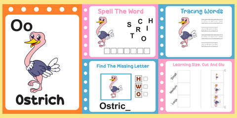Fototapeta na wymiar worksheets pack for kids with ostrich. fun learning for children