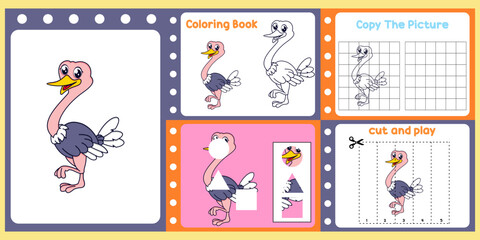 Fototapeta na wymiar worksheets pack for kids with ostrich. fun learning for children