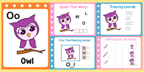 worksheets pack for kids with owl. fun learning for children