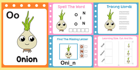 worksheets pack for kids with onion. fun learning for children