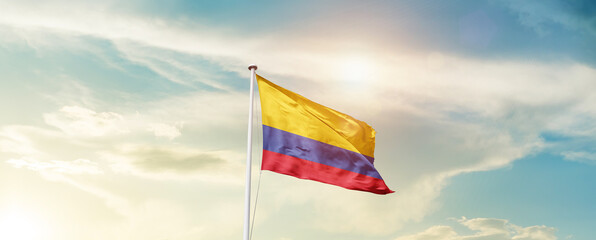 Waving Flag of Colombia with beautiful Sky.