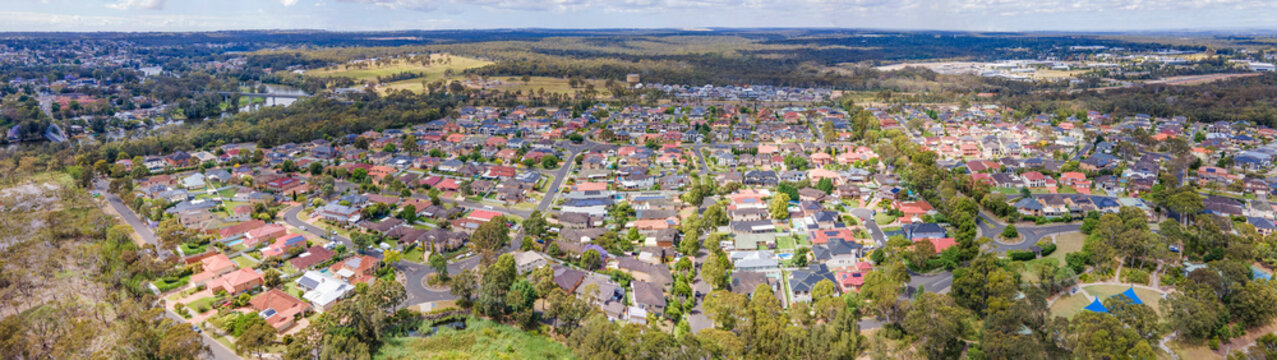 Panoramic aerial drone view of Voyager Point in South West Sydney, NSW Australia showing development of housing and parks  