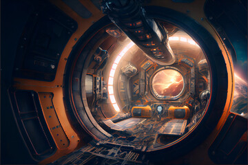 The interior of a futuristic space ship floating outside a building