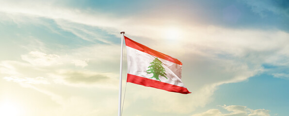 Waving Flag of Lebanon with beautiful Sky.