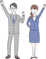 線画　ビジネスマンとビジネスウーマン　ガッツポーズ　全身　スーツ