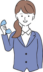 手書き　スーツの女性上半身　電話を持って笑顔