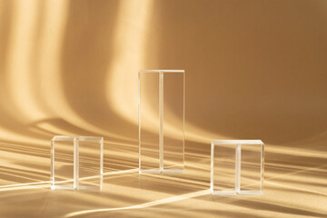 Glass prisms of various heights with complex reflection and hard shadows on beige background. 3d...