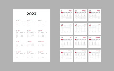 Calendar 2023 week start Sunday corporate design template vector. New year agenda. using grey and magenta colors.