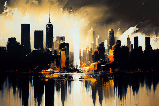 Abstract oil painting of the city skyline