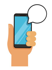 hand holding smartphone with bubble chat