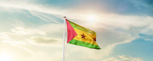 Waving Flag of Sao Tome and Principe with beautiful Sky.