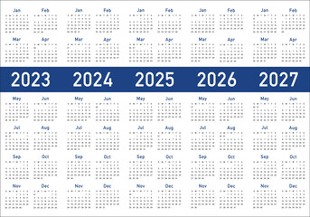2023 2024 2025 2026 2027 calendar year vector design template, simple and clean design