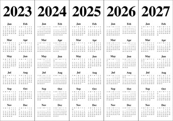 2023 2024 2025 2026 2027 calendar year vector design template, simple and clean design - obrazy, fototapety, plakaty
