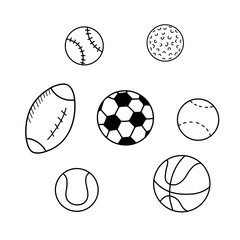 Sports balls isolated on white background. Doodle sketch vector illustrations set. Soccer, tennis, baseball balls