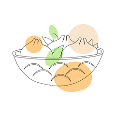 traditional Chinese dumplings dim sum in the style of line art with colored spots