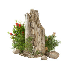 Cut out nature wood stump with flower plants 3d rendering illustration background png file