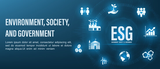 ESG concepts for environment, society and governance can be used for web banners, websites, brochures or designs etc. blue background. EPS 10 vector.