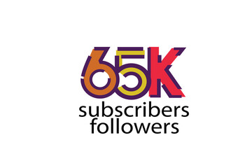 65K, 65.000 subscribers or followers blocks style with 3 colors on white background for social media and internet-vector
