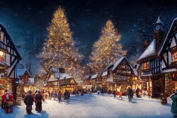 Fotobehang Kerstdorp in vintage stijl. Kerst winterlandschap. Digitale kunst © Viks_jin