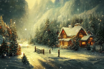 Christmas village in vintage style. Winter Christmas Landscape. Digital art