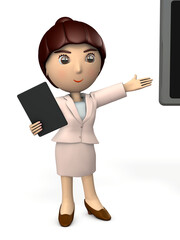 ディスプレイの隣で解説する若い女性