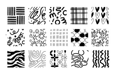 Black doodle textures. Hand drawn patterns, abstract contemporary shapes, scribble style stripes and spirals, funny curves, decorative monochrome backgrounds. Decor textile, swanky vector set