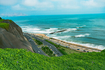 View of the coast of the sea in Costa Verde in Lima, Peru
