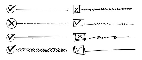 Collection of isolated vector outline check to do lists, check marks and checkboxes in doodle